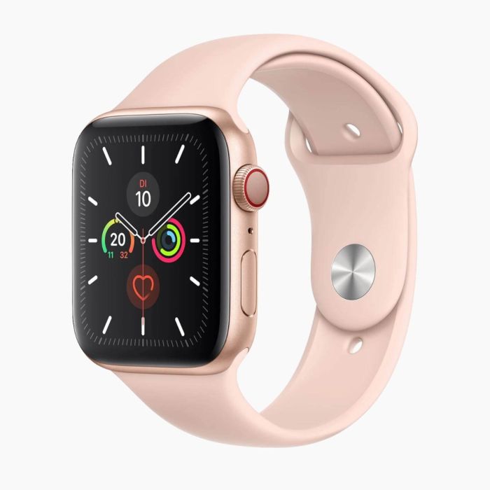 Refurbished Apple Watch Series 5 44 mm aluminium goud 4G met antique wit sportbandje